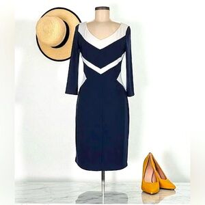 Lauren Ralph Lauren Rich Sapphire Blue and Cream Sheath Dress V-Neck Sleeveless
